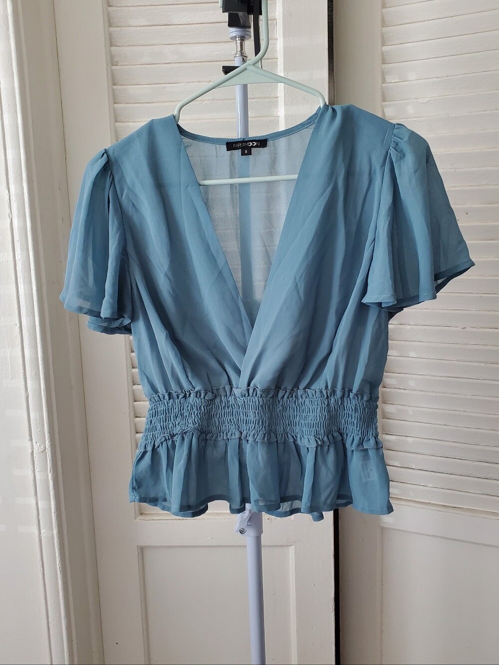 Papermoon Blue Deep V Neck Blouse Size S